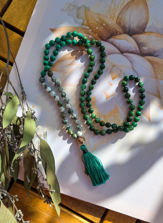 Jade, Malachite & Moss Agate Mala Beads  108 Reiki-Infused Meditation Necklace | Hand-Knotted Healing Gemstone Japa Mala