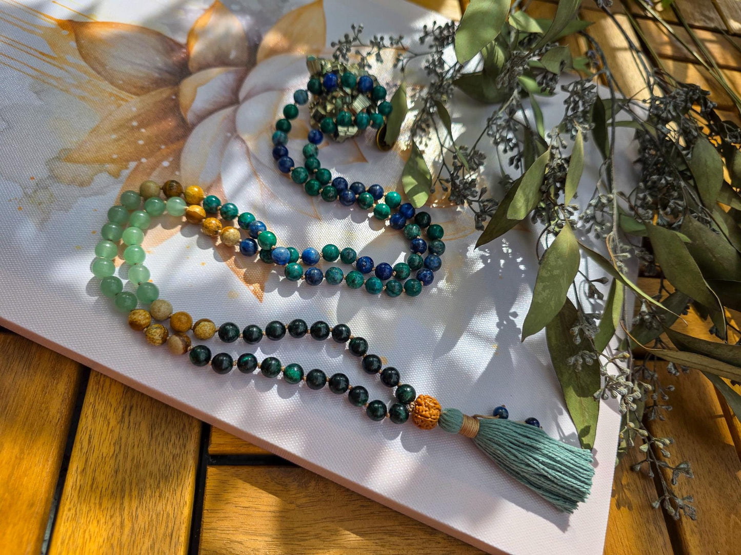 Emerald, Green Aventurine, Picture Jasper & Azurite Mala  108 Reiki-Infused Beads with Rudraksha Guru and Bamboo Tassel