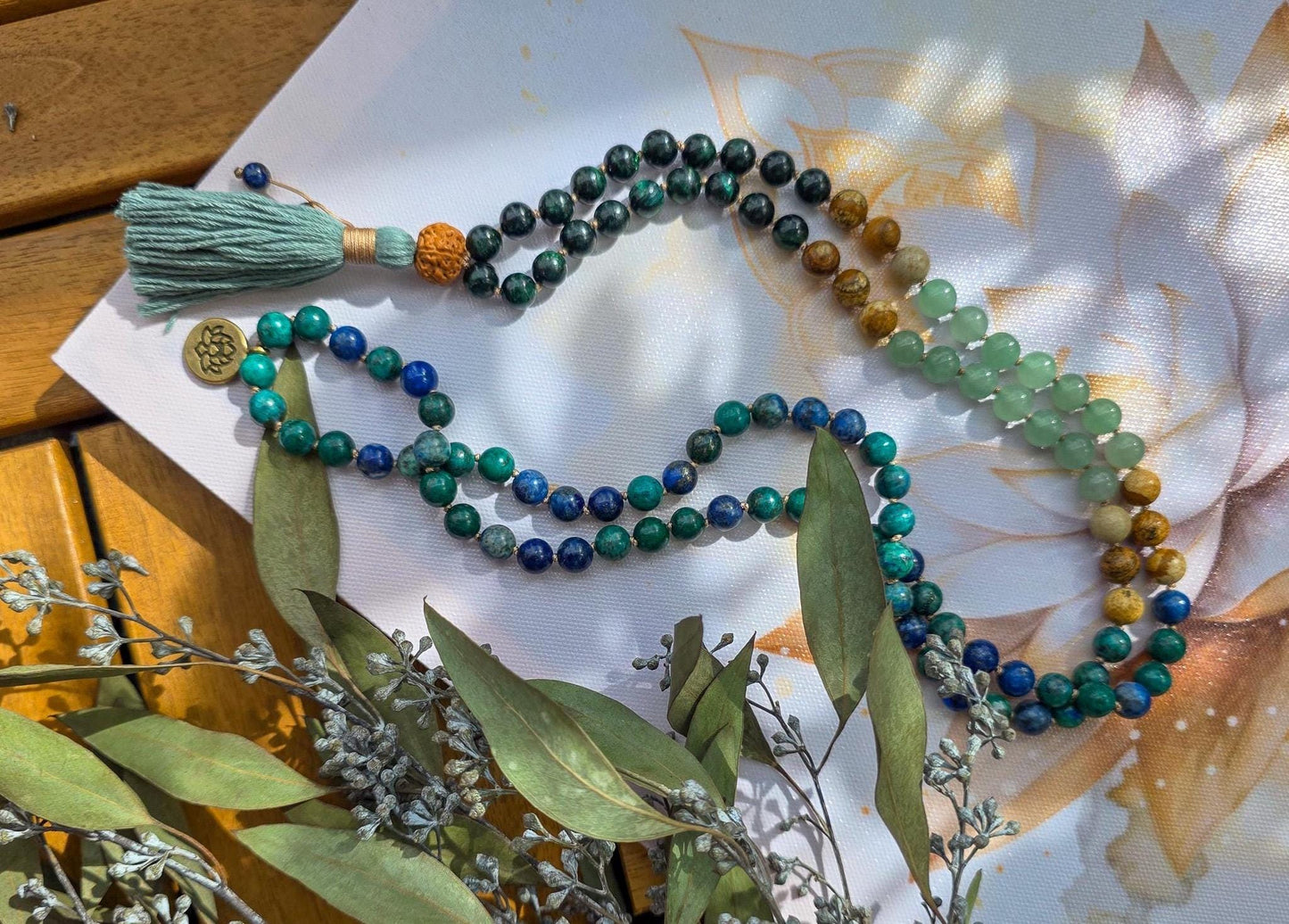 Emerald, Green Aventurine, Picture Jasper & Azurite Mala  108 Reiki-Infused Beads with Rudraksha Guru and Bamboo Tassel