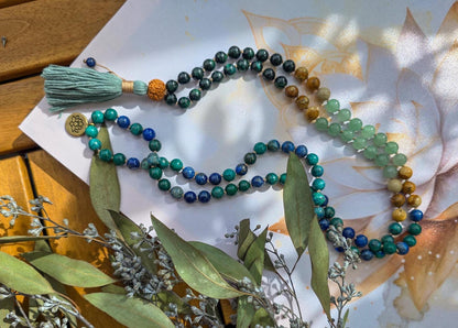Emerald, Green Aventurine, Picture Jasper & Azurite Mala  108 Reiki-Infused Beads with Rudraksha Guru and Bamboo Tassel