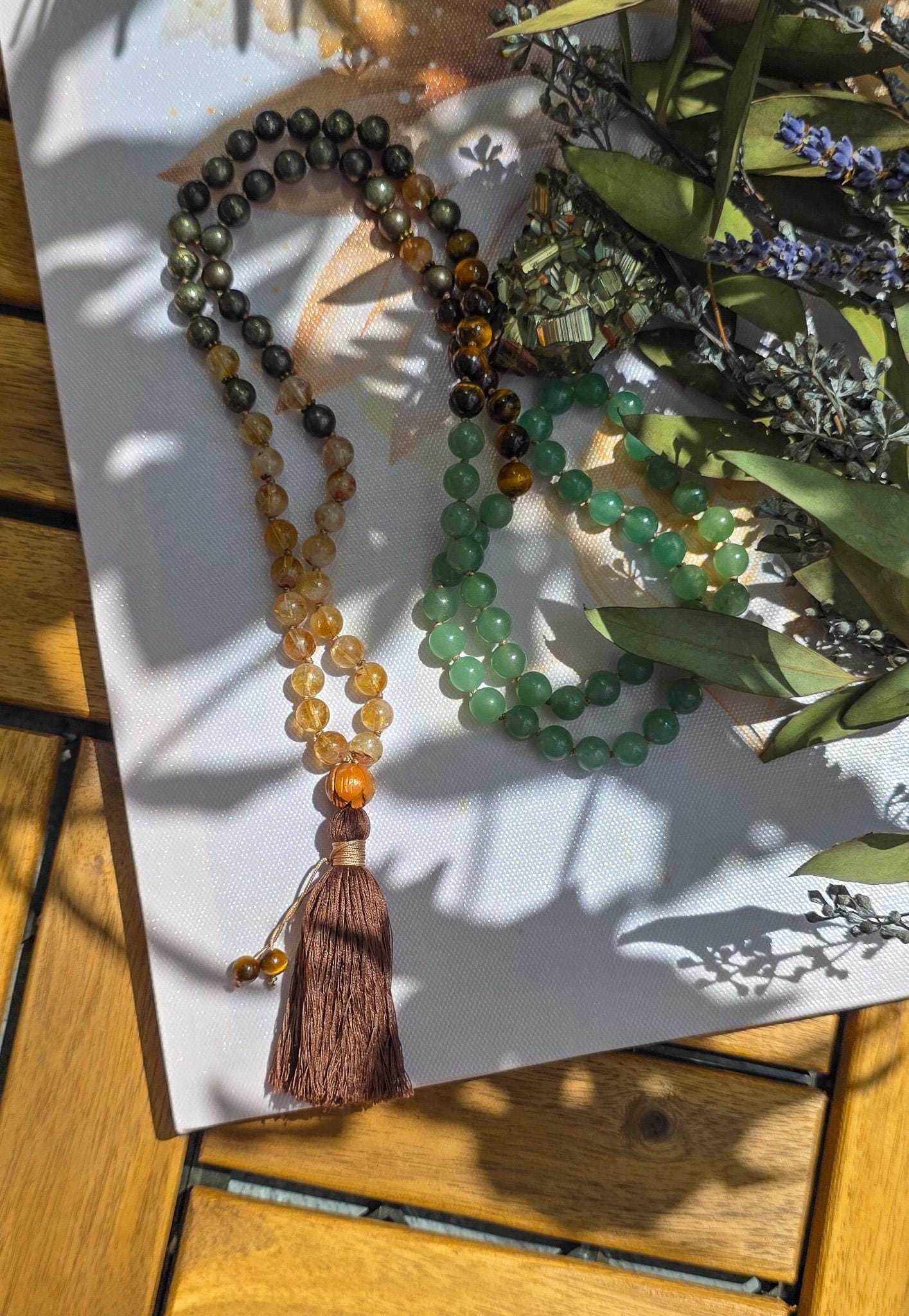 Citrine, Pyrite, Green Aventurine & Tigers Eye Mala  108 Reiki-Infused Beads | Hand-Knotted Healing Gemstone Meditation Necklace