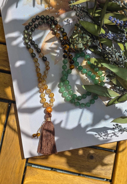 Citrine, Pyrite, Green Aventurine & Tigers Eye Mala  108 Reiki-Infused Beads | Hand-Knotted Healing Gemstone Meditation Necklace
