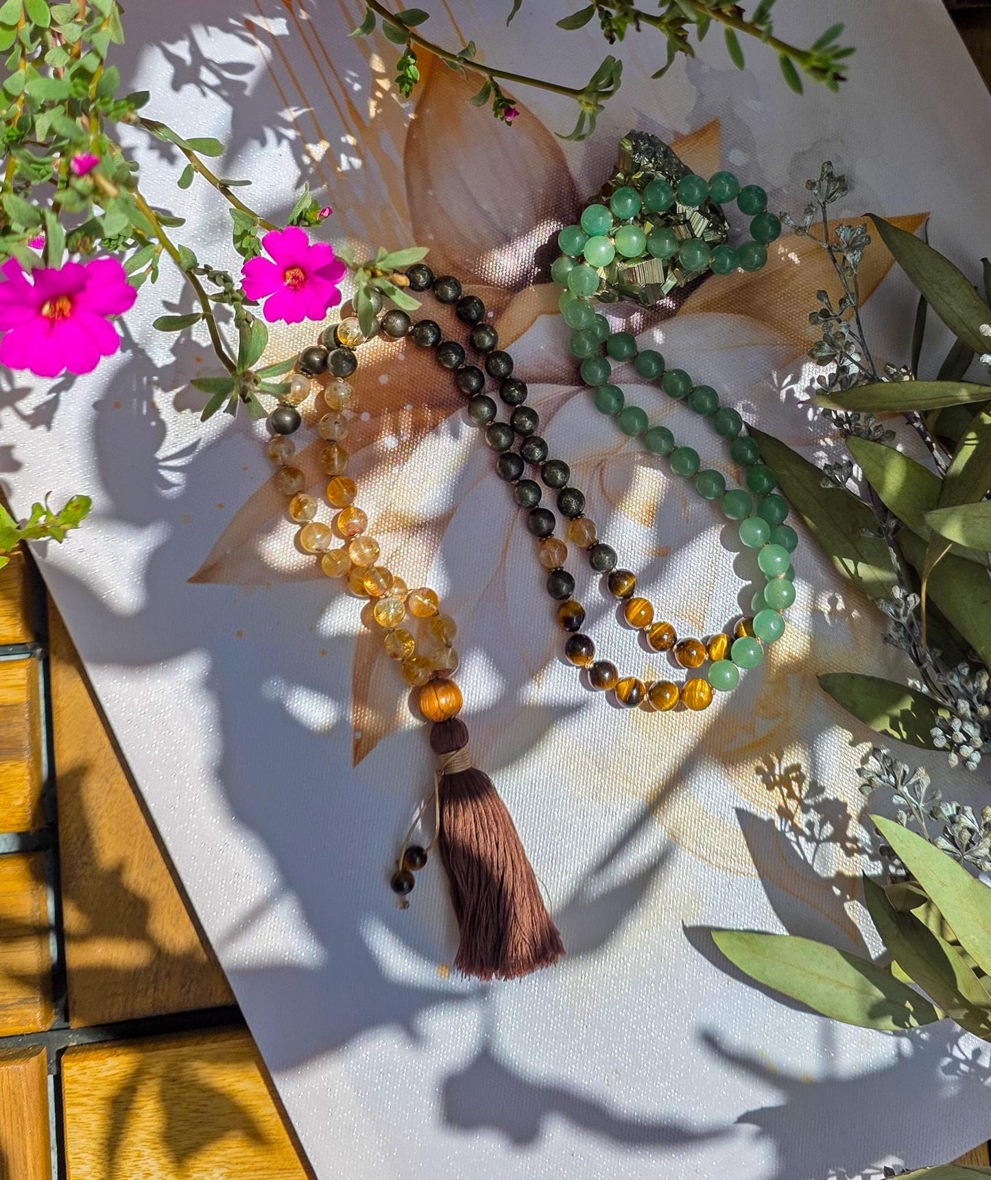 Citrine, Pyrite, Green Aventurine & Tigers Eye Mala  108 Reiki-Infused Beads | Hand-Knotted Healing Gemstone Meditation Necklace