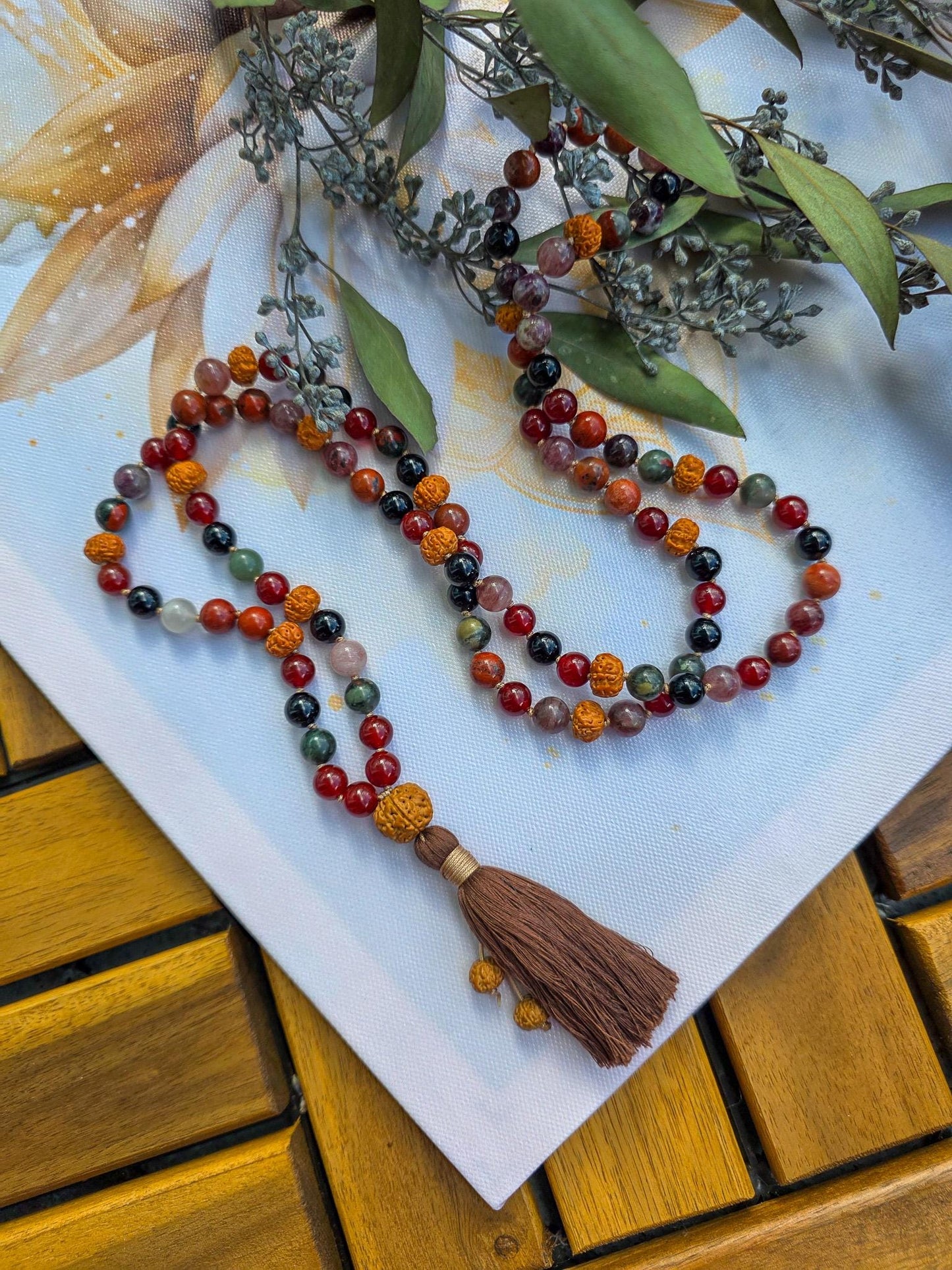 Maternity & Fertility Mala Beads  108 Reiki-Infused Necklace with Carnelian, Bloodstone, Garnet, Red Jasper and Rudraksha