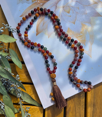 Maternity & Fertility Mala Beads  108 Reiki-Infused Necklace with Carnelian, Bloodstone, Garnet, Red Jasper and Rudraksha