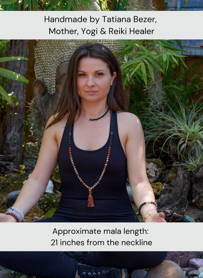 Maternity & Fertility Mala Beads  108 Reiki-Infused Necklace with Carnelian, Bloodstone, Garnet, Red Jasper and Rudraksha