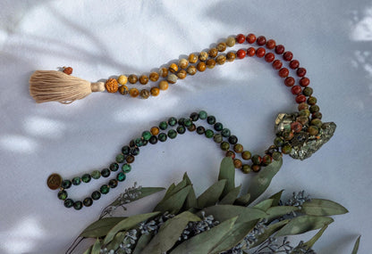 Earthy Mala Necklace  108 Hand-Knotted Beads with Picture Jasper, Unakite, Red Jasper & African Turquoise