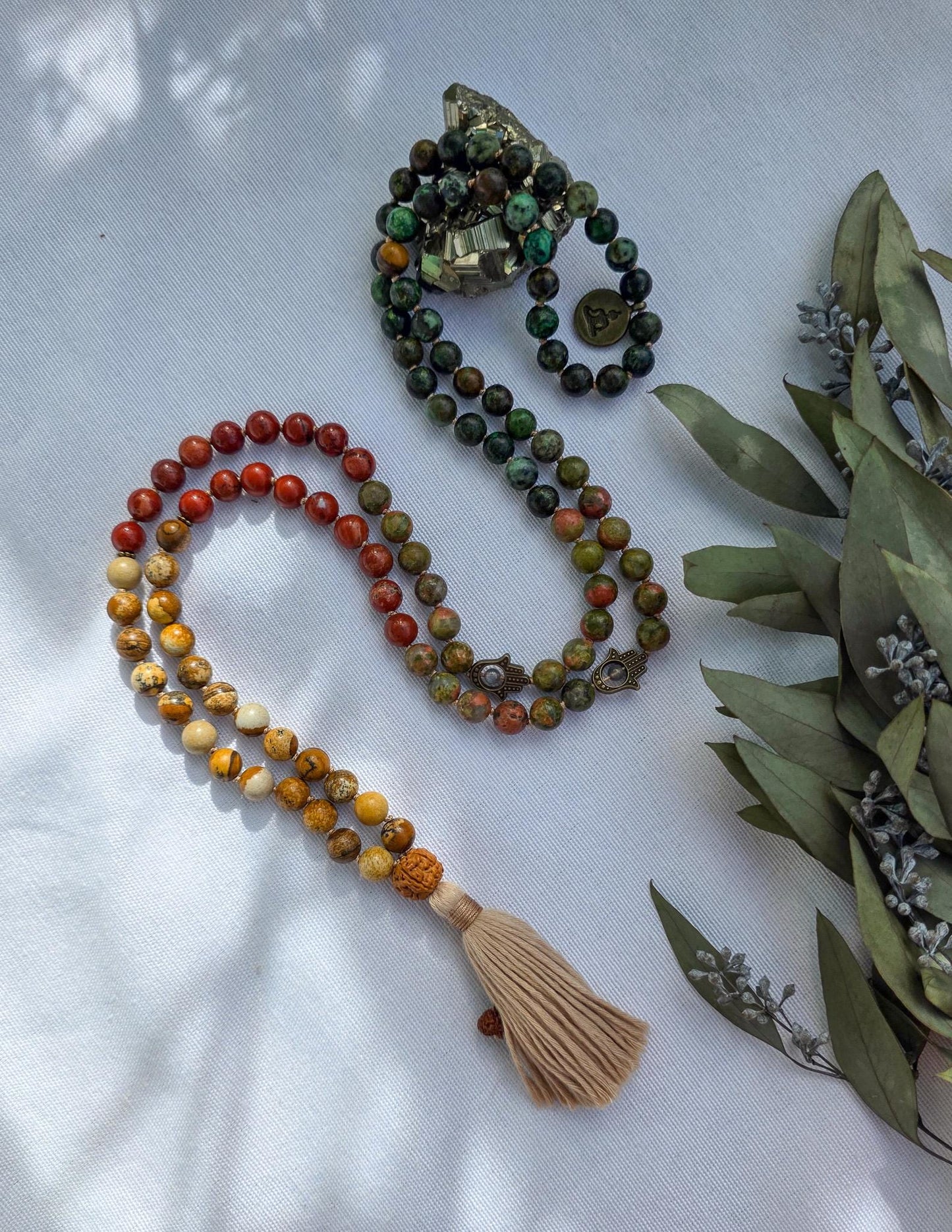 Earthy Mala Necklace  108 Hand-Knotted Beads with Picture Jasper, Unakite, Red Jasper & African Turquoise