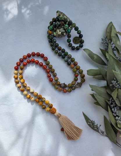 Earthy Mala Necklace  108 Hand-Knotted Beads with Picture Jasper, Unakite, Red Jasper & African Turquoise