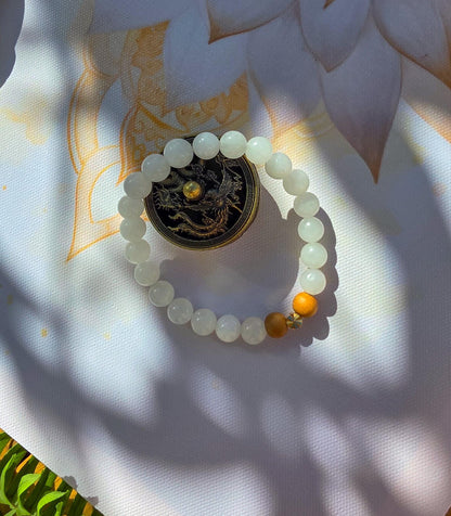 White Jade & Tulsi Wood Bracelet: Reiki-Infused Mala Beads