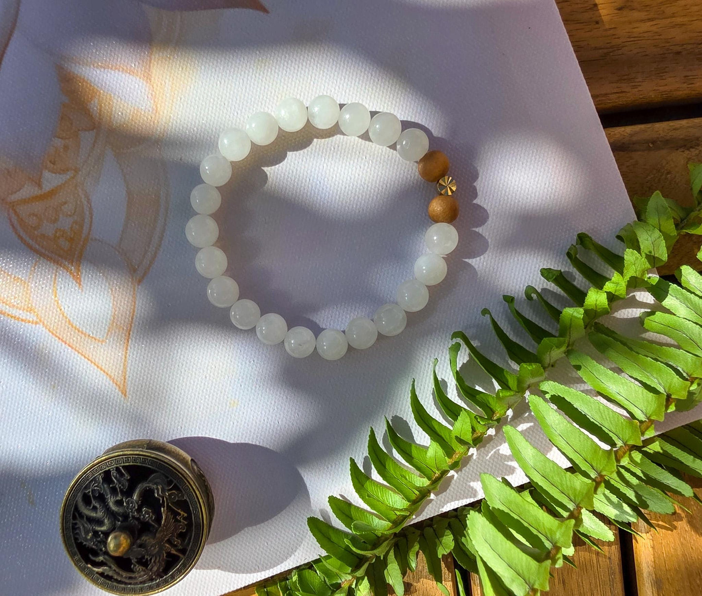 White Jade & Tulsi Wood Bracelet: Reiki-Infused Mala Beads