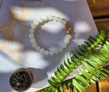 White Jade & Tulsi Wood Bracelet: Reiki-Infused Mala Beads