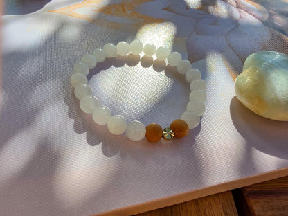 White Jade & Tulsi Wood Bracelet: Reiki-Infused Mala Beads