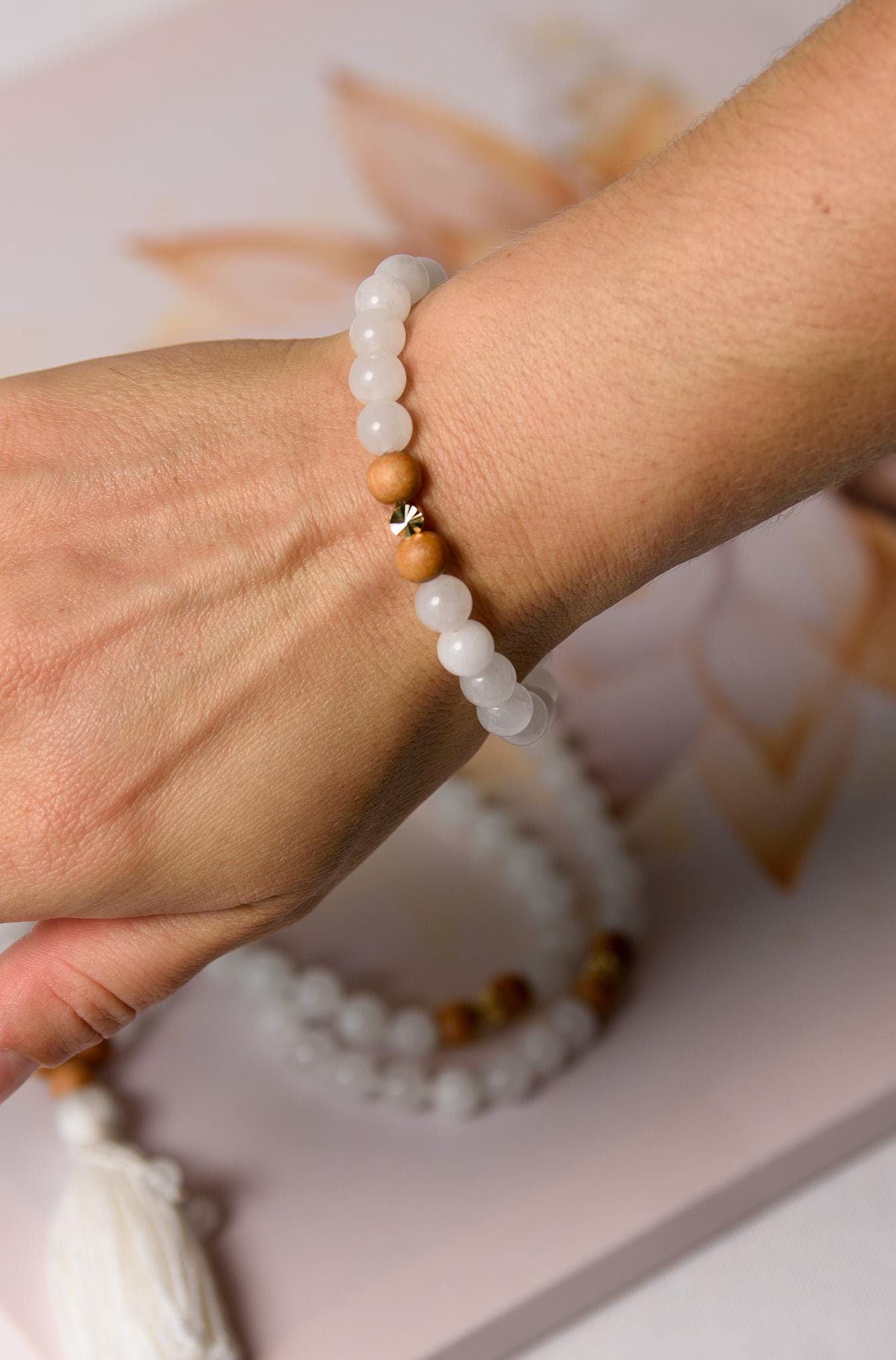 White Jade & Tulsi Wood Bracelet: Reiki-Infused Mala Beads