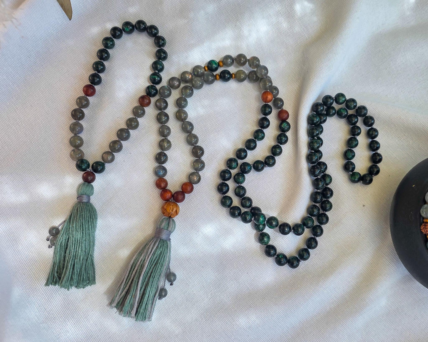 Emerald & Labradorite Mala Beads  108 Hand-Knotted Reiki-Infused Necklace | Atman Connection, Bracelet and Pocket Mala Set Options