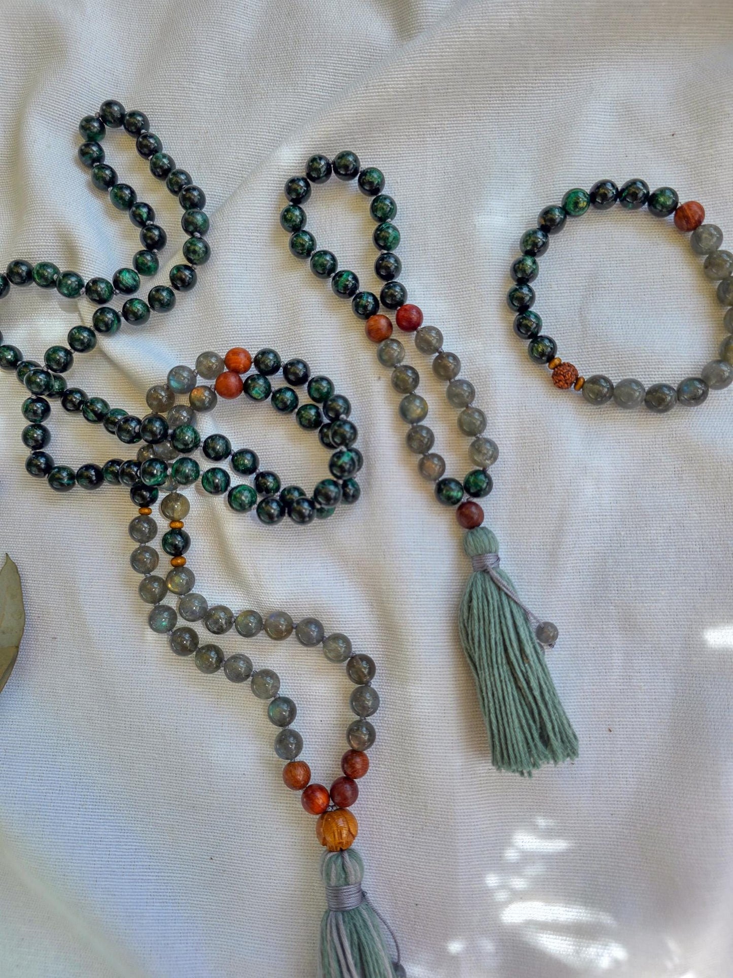 Emerald & Labradorite Mala Beads  108 Hand-Knotted Reiki-Infused Necklace | Atman Connection, Bracelet and Pocket Mala Set Options