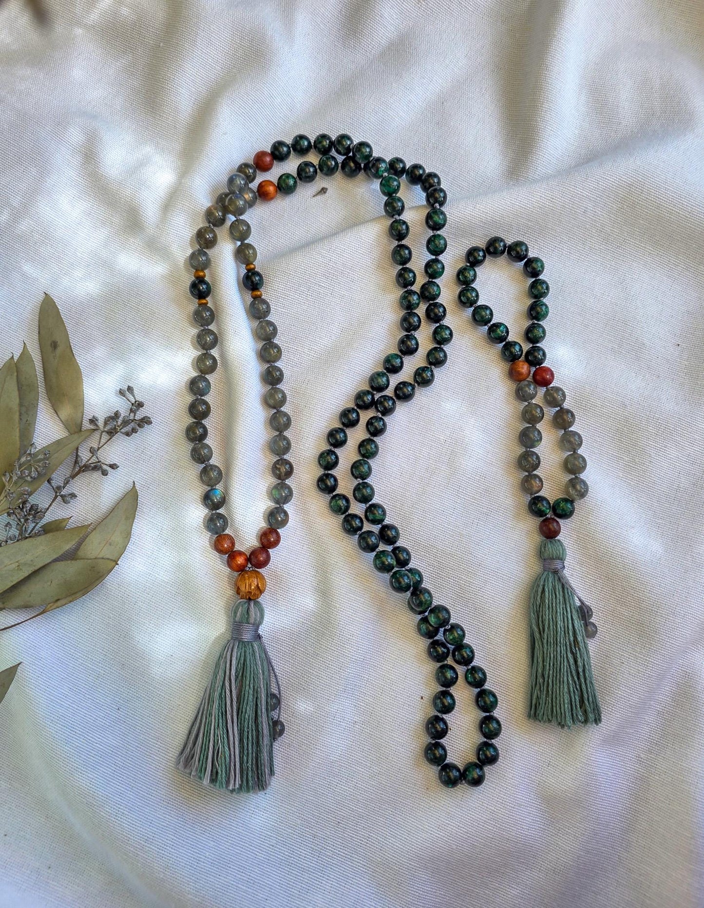 Emerald & Labradorite Mala Beads  108 Hand-Knotted Reiki-Infused Necklace | Atman Connection, Bracelet and Pocket Mala Set Options