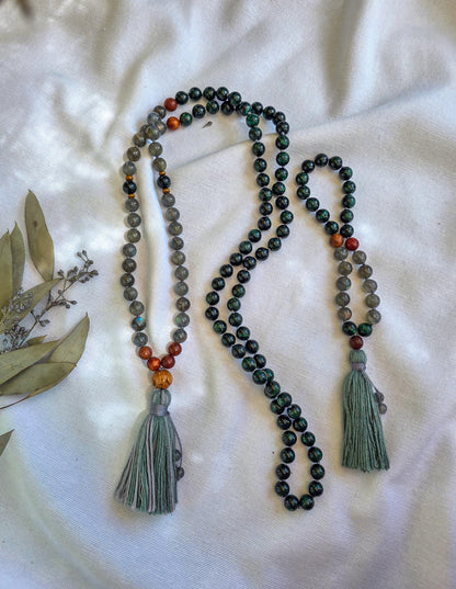 Emerald & Labradorite Mala Beads  108 Hand-Knotted Reiki-Infused Necklace | Atman Connection, Bracelet and Pocket Mala Set Options