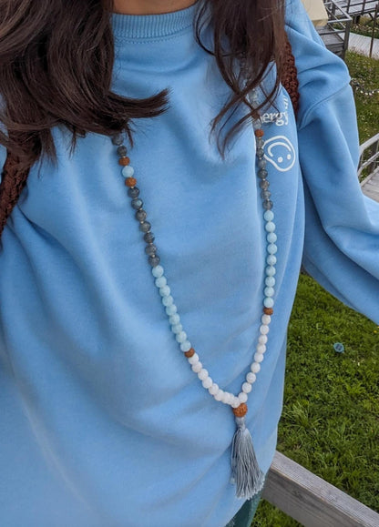 Intuitive Healing Mala Beads  Aquamarine, Moonstone & Labradorite  108 Knotted Meditation Necklace  Calming Spiritual Jewelry Gift