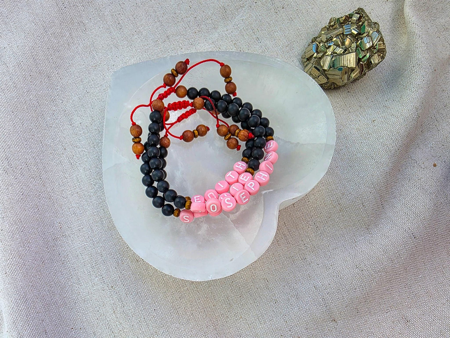 Protection Bracelet with Custom Name | Shungite & Sandalwood | Adjustable Red Cord | Kids and Family Protection Bracelet Set