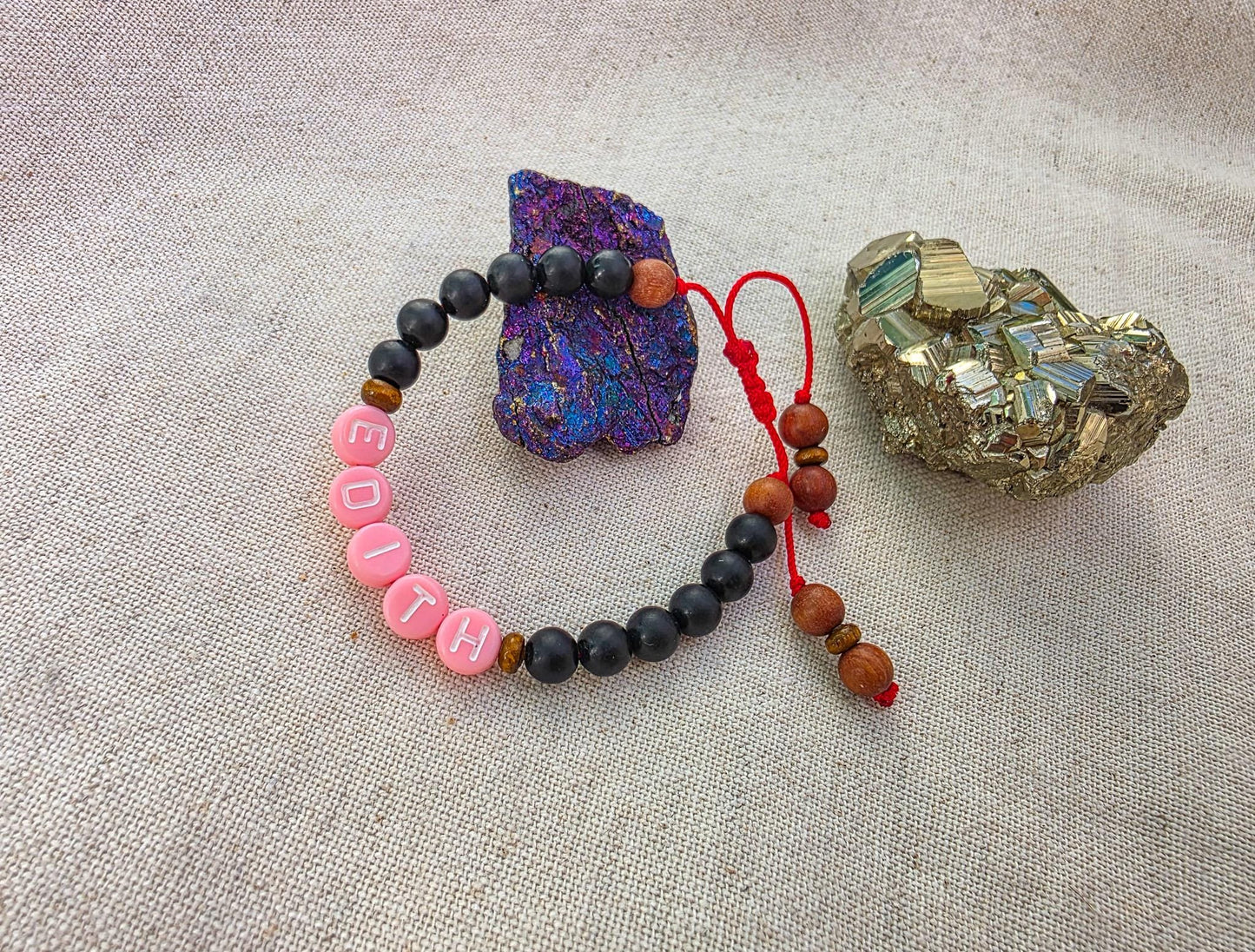 Protection Bracelet with Custom Name | Shungite & Sandalwood | Adjustable Red Cord | Kids and Family Protection Bracelet Set