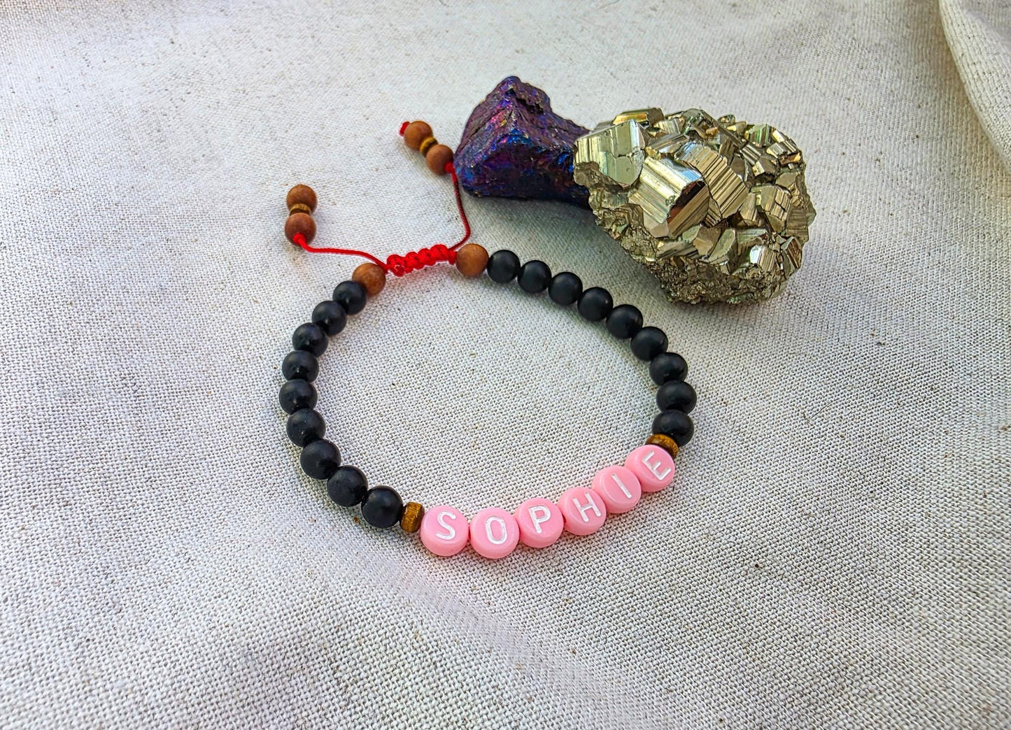 Protection Bracelet with Custom Name | Shungite & Sandalwood | Adjustable Red Cord | Kids and Family Protection Bracelet Set