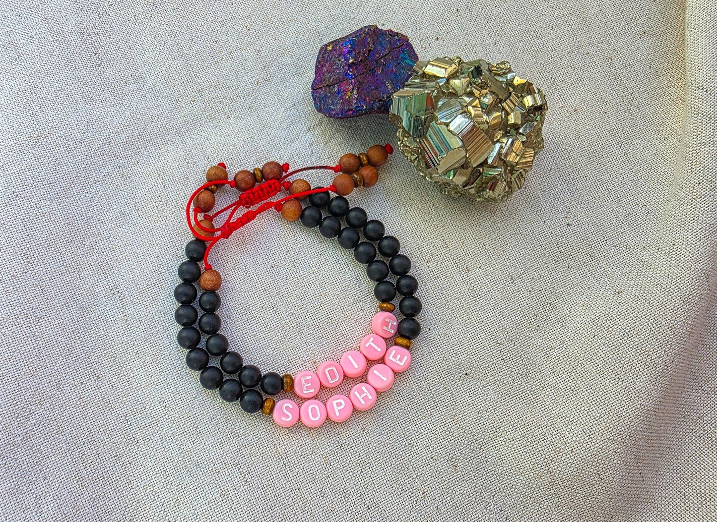 Protection Bracelet with Custom Name | Shungite & Sandalwood | Adjustable Red Cord | Kids and Family Protection Bracelet Set