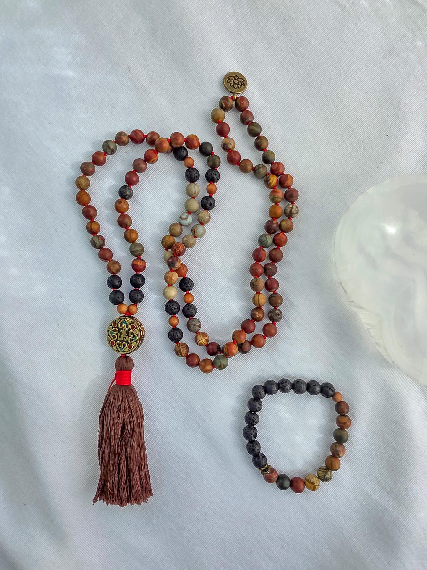Red Creek Jasper Mala Necklace  108 Bead Meditation Mala with Serpentine, Lava Rock & Sandalwood, Protection Yoga Beads