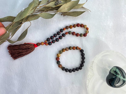 Red Creek Jasper Mala Necklace  108 Bead Meditation Mala with Serpentine, Lava Rock & Sandalwood, Protection Yoga Beads