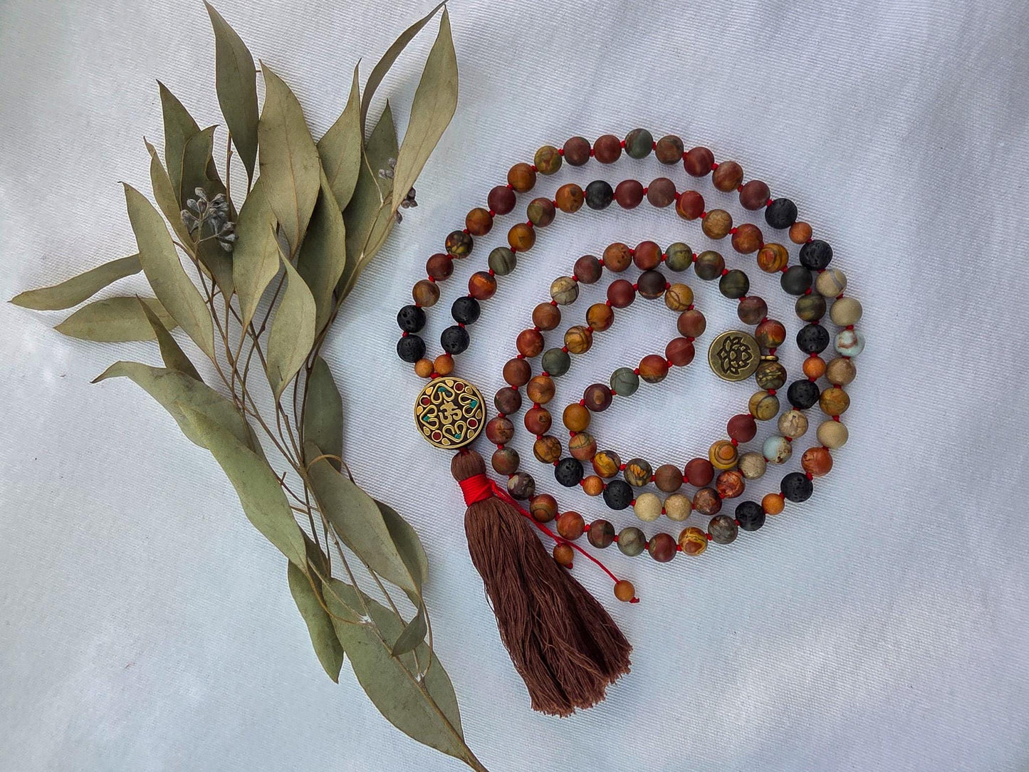 Red Creek Jasper Mala Necklace  108 Bead Meditation Mala with Serpentine, Lava Rock & Sandalwood, Protection Yoga Beads