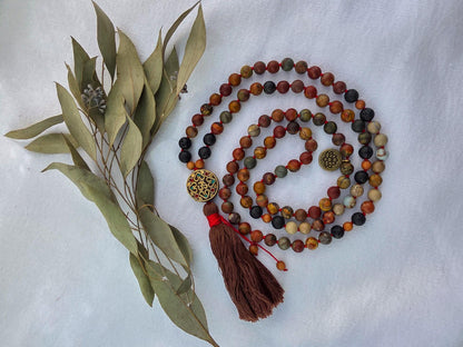Red Creek Jasper Mala Necklace  108 Bead Meditation Mala with Serpentine, Lava Rock & Sandalwood, Protection Yoga Beads