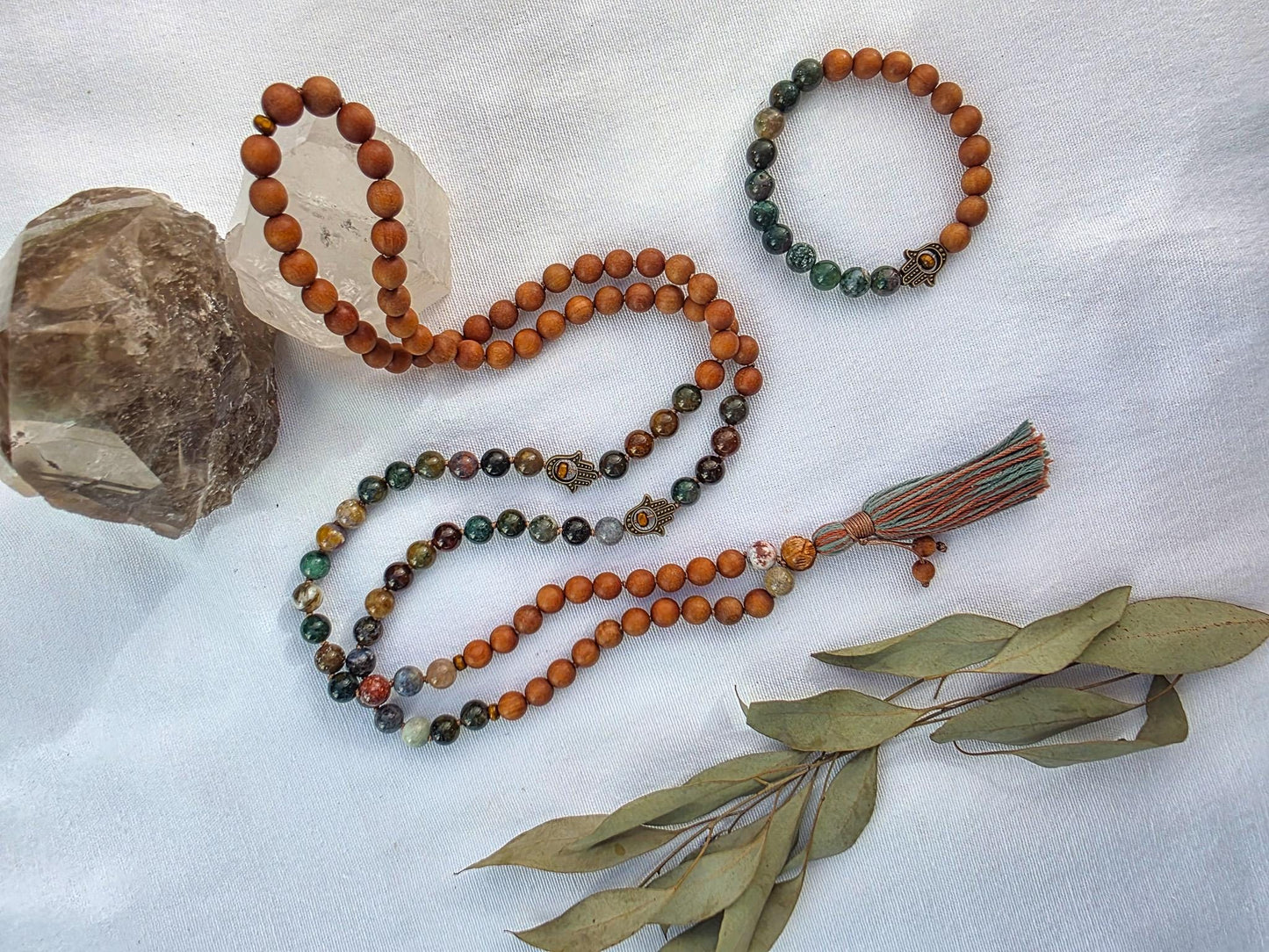 Sandalwood & Indian Agate Mala Necklace  108 Bead Meditation Mala, Grounding Yoga Prayer Beads with Tassel