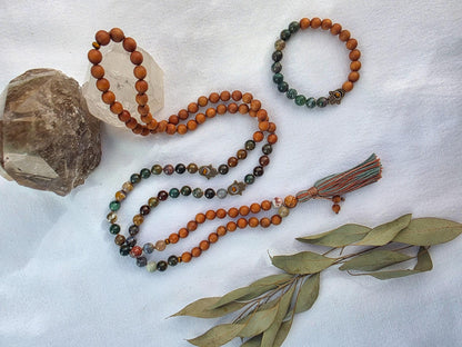 Sandalwood & Indian Agate Mala Necklace  108 Bead Meditation Mala, Grounding Yoga Prayer Beads with Tassel