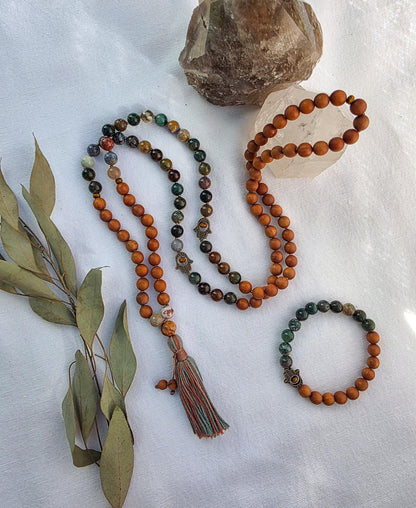 Sandalwood & Indian Agate Mala Necklace  108 Bead Meditation Mala, Grounding Yoga Prayer Beads with Tassel