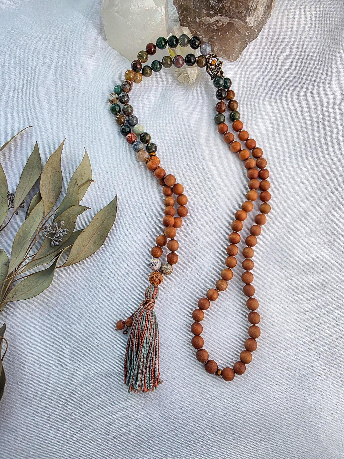 Sandalwood & Indian Agate Mala Necklace  108 Bead Meditation Mala, Grounding Yoga Prayer Beads with Tassel