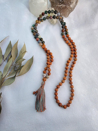 Sandalwood & Indian Agate Mala Necklace  108 Bead Meditation Mala, Grounding Yoga Prayer Beads with Tassel