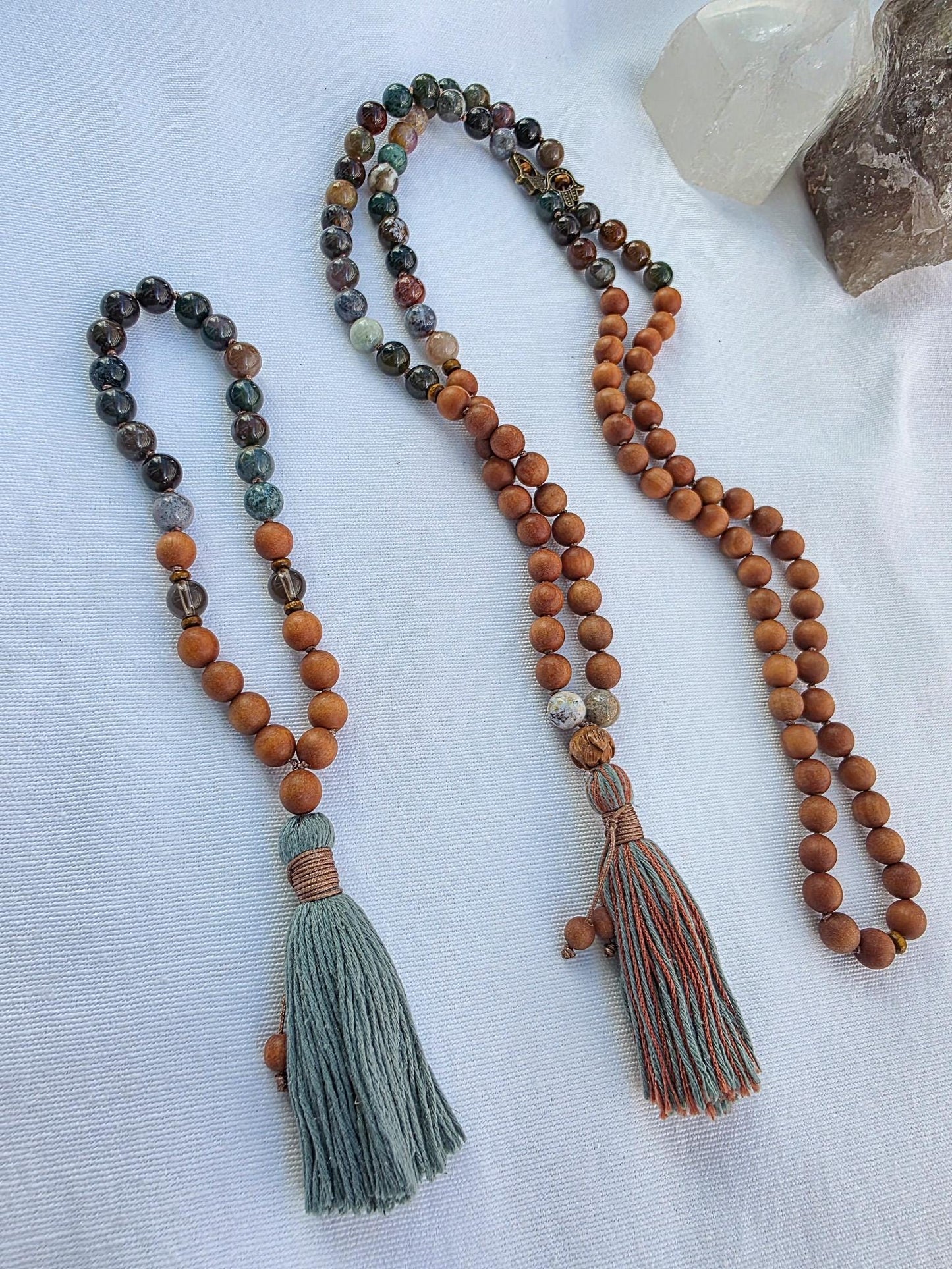 Sandalwood & Indian Agate Mala Necklace  108 Bead Meditation Mala, Grounding Yoga Prayer Beads with Tassel