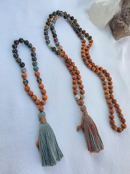 Sandalwood & Indian Agate Mala Necklace  108 Bead Meditation Mala, Grounding Yoga Prayer Beads with Tassel