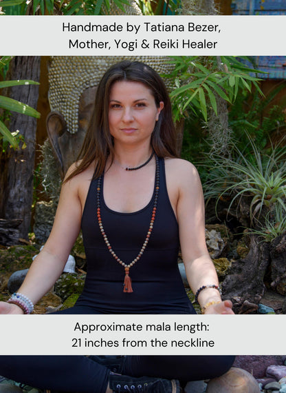Sandalwood & Indian Agate Mala Necklace  108 Bead Meditation Mala, Grounding Yoga Prayer Beads with Tassel