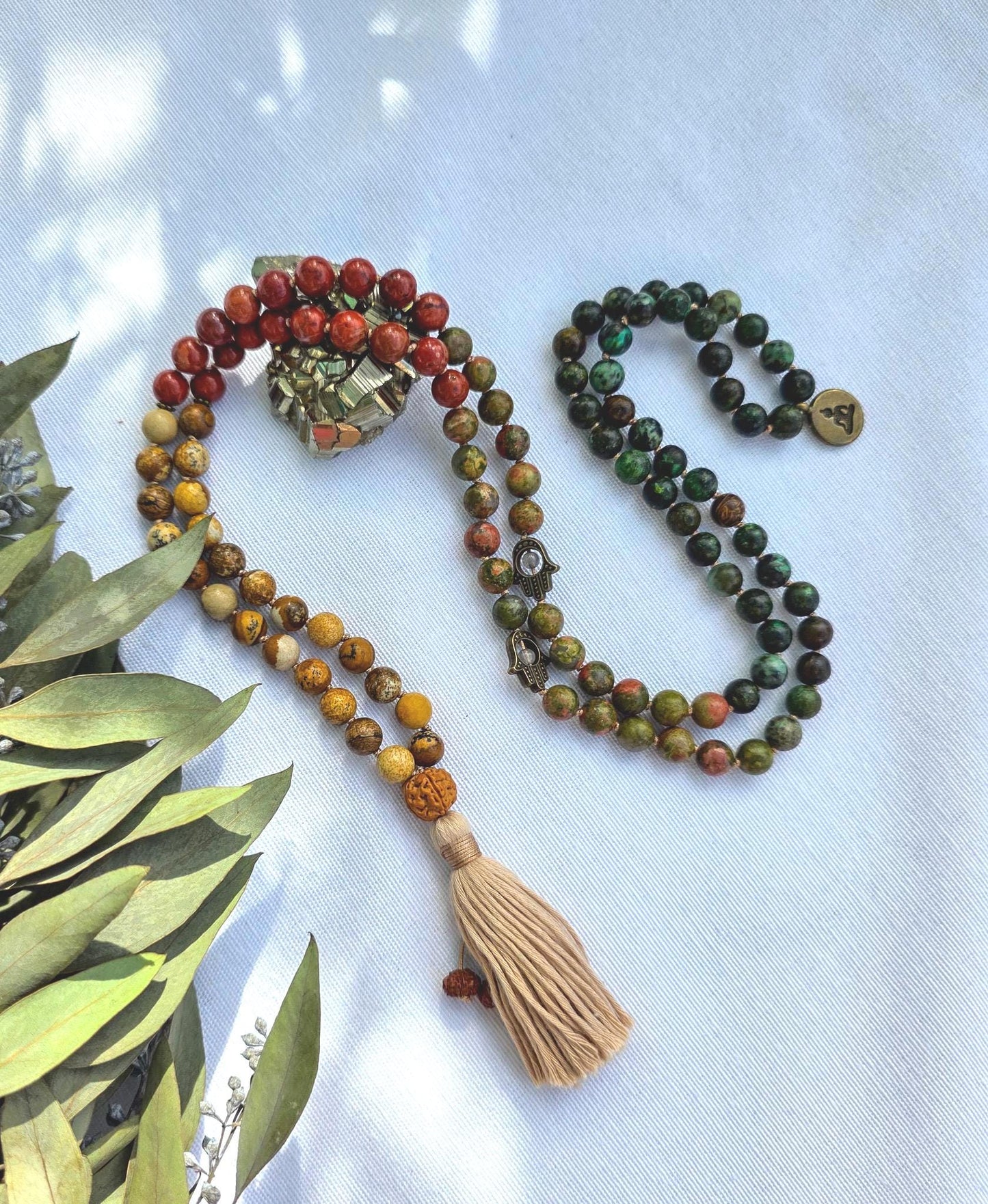 Earthy Mala Necklace  108 Hand-Knotted Beads with Picture Jasper, Unakite, Red Jasper & African Turquoise