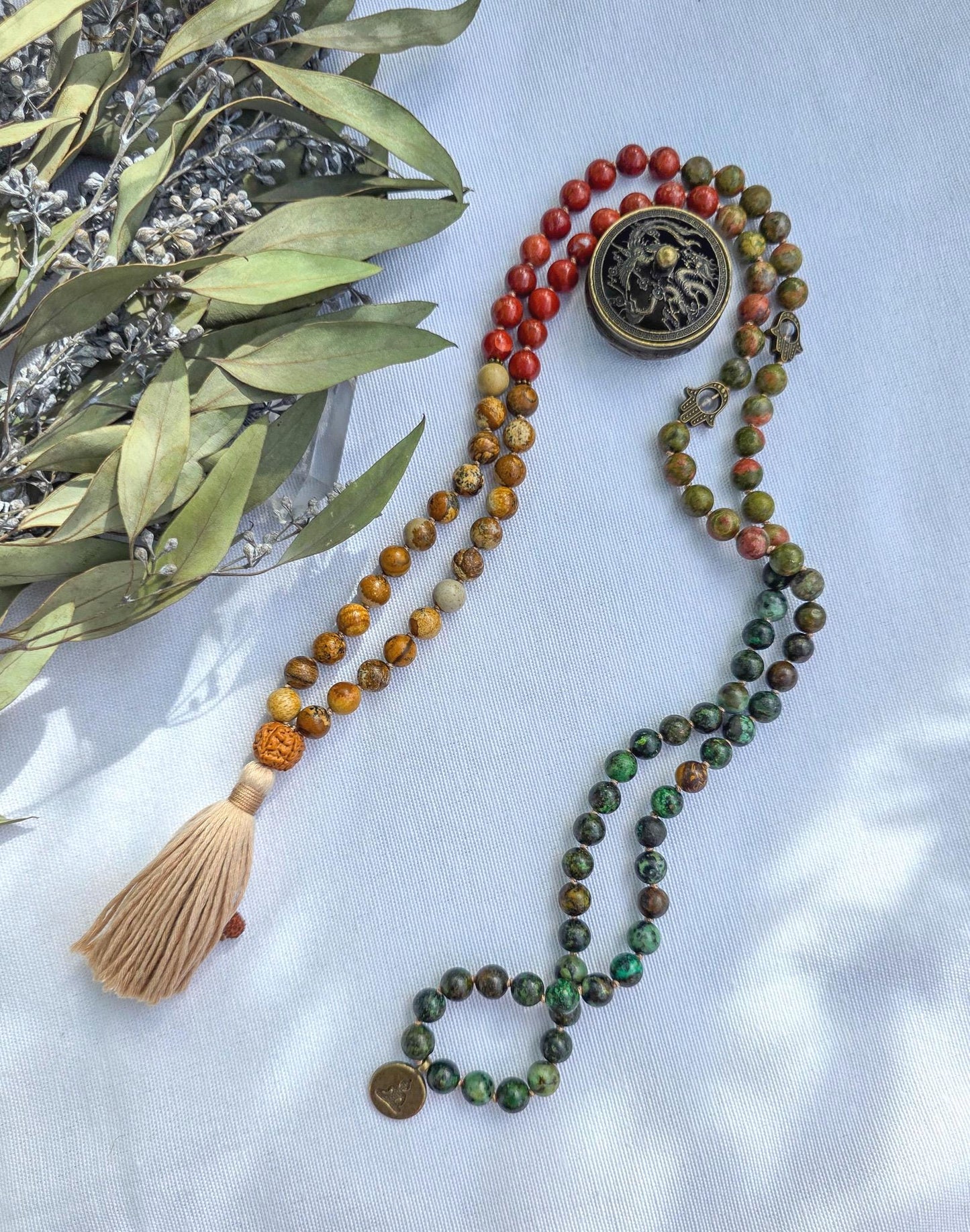 Earthy Mala Necklace  108 Hand-Knotted Beads with Picture Jasper, Unakite, Red Jasper & African Turquoise