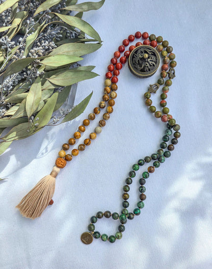 Earthy Mala Necklace  108 Hand-Knotted Beads with Picture Jasper, Unakite, Red Jasper & African Turquoise