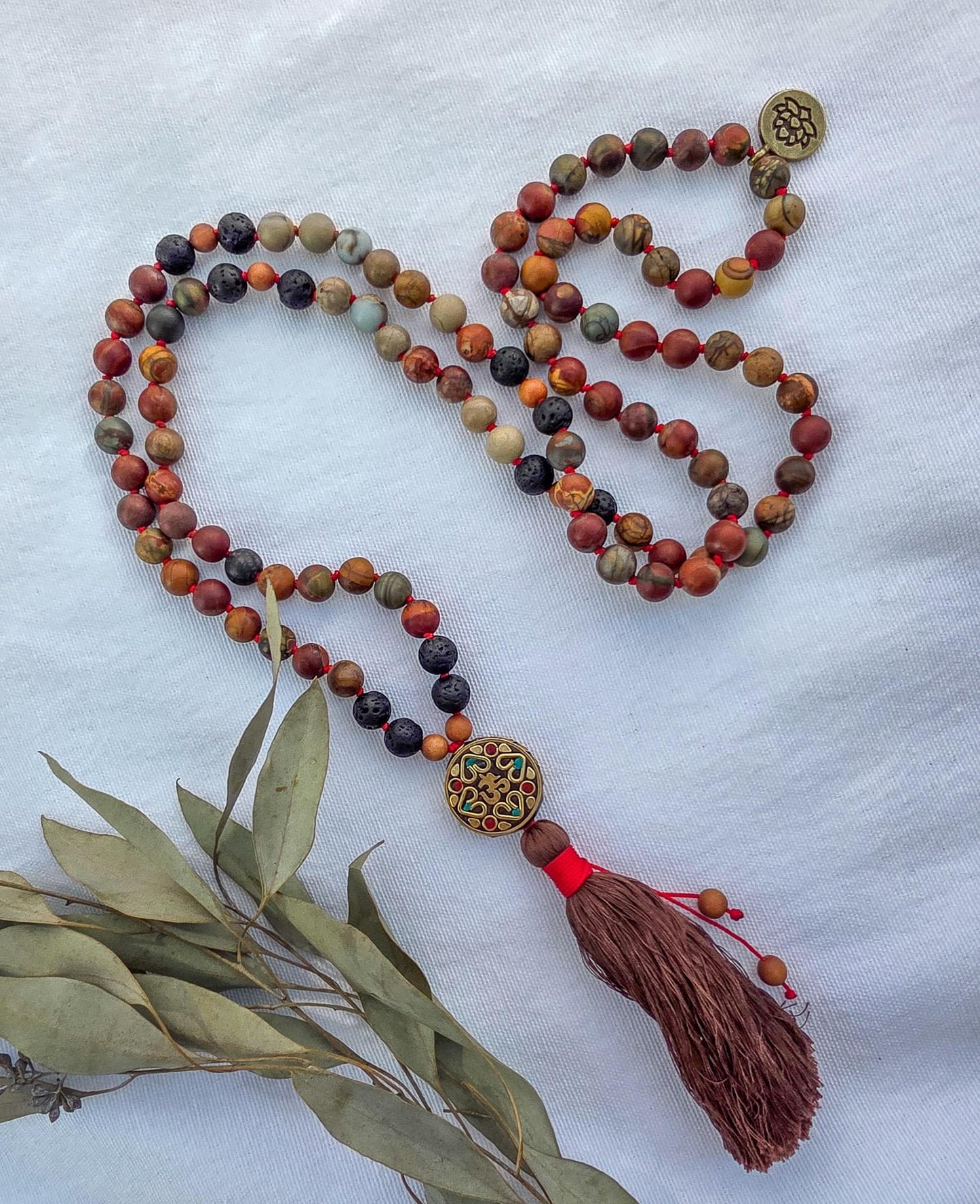 Red Creek Jasper Mala Necklace  108 Bead Meditation Mala with Serpentine, Lava Rock & Sandalwood, Protection Yoga Beads