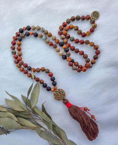 Red Creek Jasper Mala Necklace  108 Bead Meditation Mala with Serpentine, Lava Rock & Sandalwood, Protection Yoga Beads