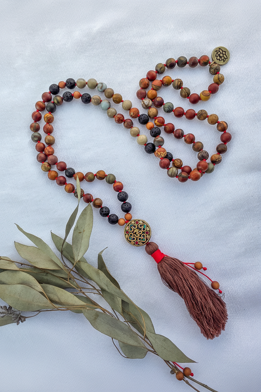 Ground Yourself in Confidence with Red Creek Jasper Mala – 108 Bead Meditation Necklace with Serpentine & Lava Rock