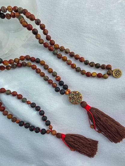 Red Creek Jasper Mala Necklace  108 Bead Meditation Mala with Serpentine, Lava Rock & Sandalwood, Protection Yoga Beads