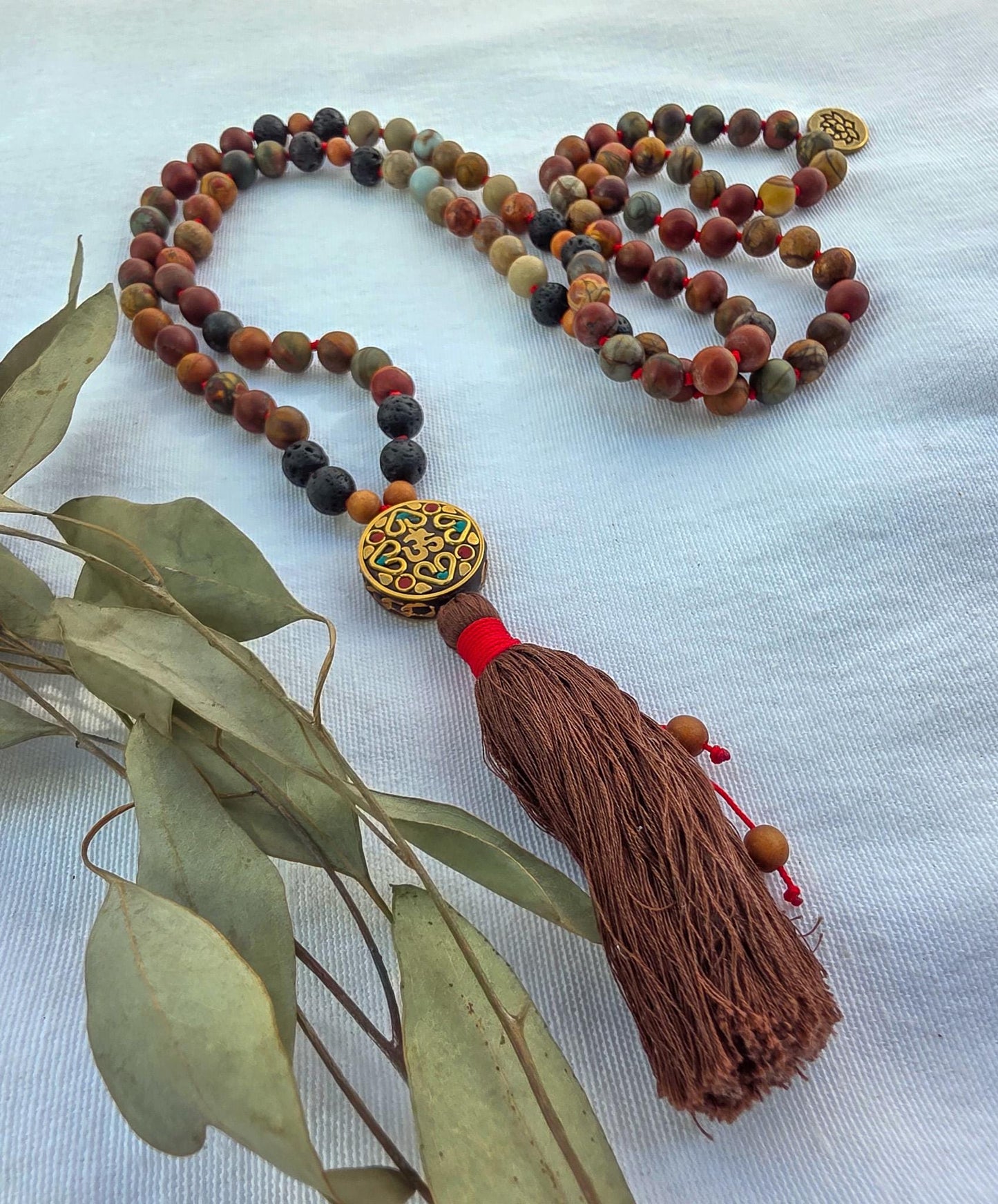 Red Creek Jasper Mala Necklace  108 Bead Meditation Mala with Serpentine, Lava Rock & Sandalwood, Protection Yoga Beads