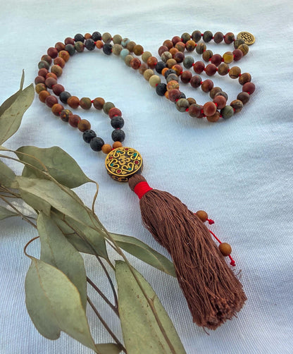 Red Creek Jasper Mala Necklace  108 Bead Meditation Mala with Serpentine, Lava Rock & Sandalwood, Protection Yoga Beads