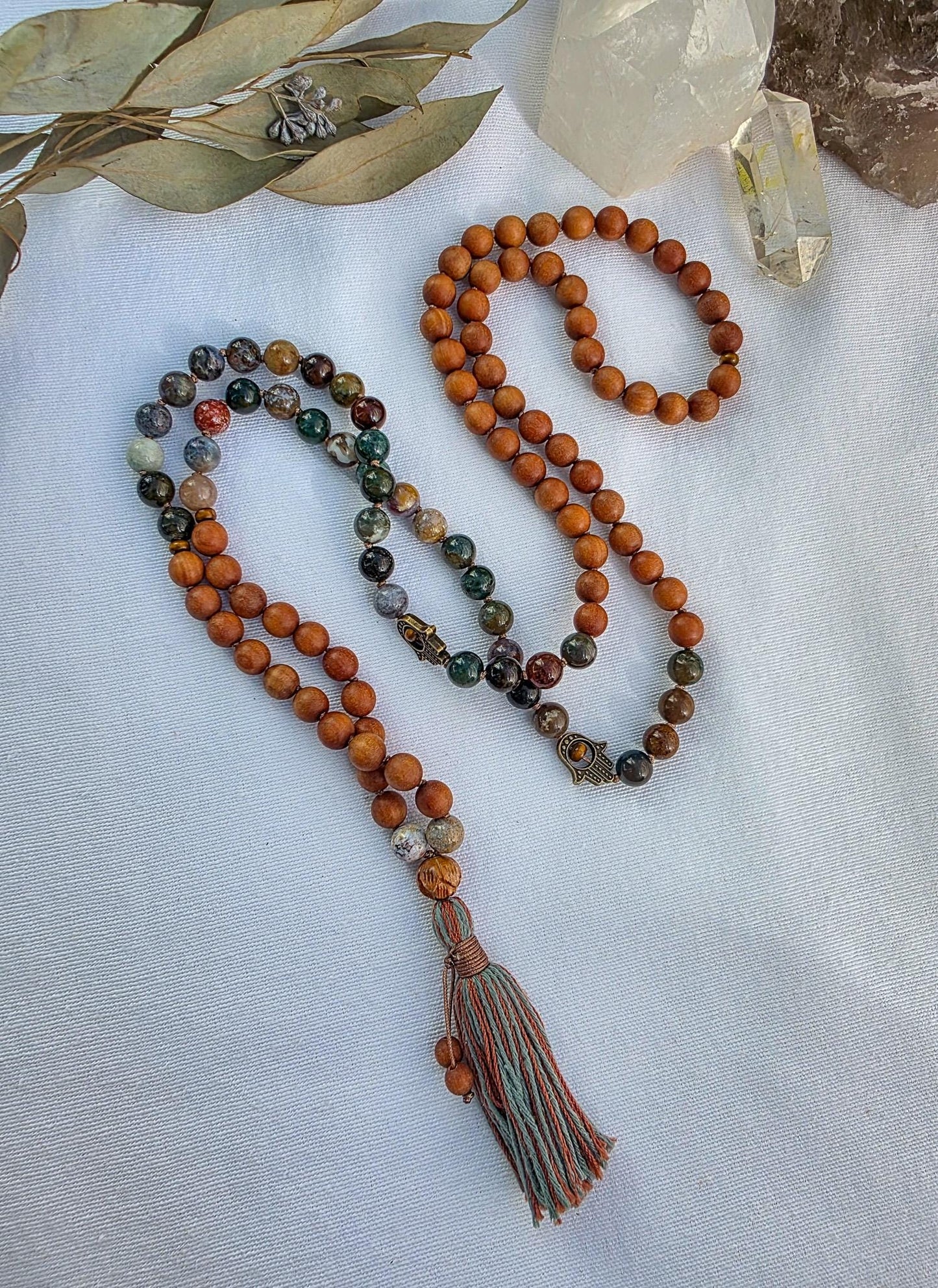 Sandalwood & Indian Agate Mala Necklace  108 Bead Meditation Mala, Grounding Yoga Prayer Beads with Tassel