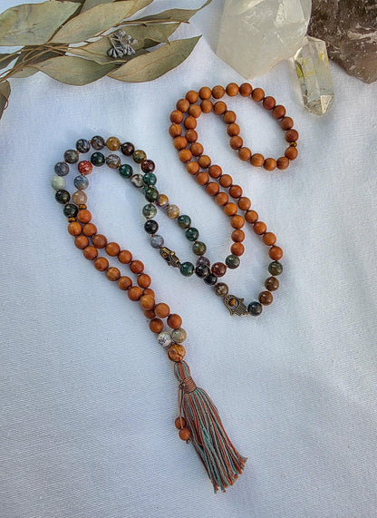 Sandalwood & Indian Agate Mala Necklace  108 Bead Meditation Mala, Grounding Yoga Prayer Beads with Tassel